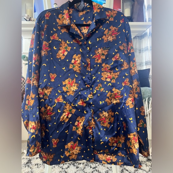 Vintage Women’s Esleep Large Navy Button Up Top With Teddy Bears Satin Sleepwear - Picture 6 of 11